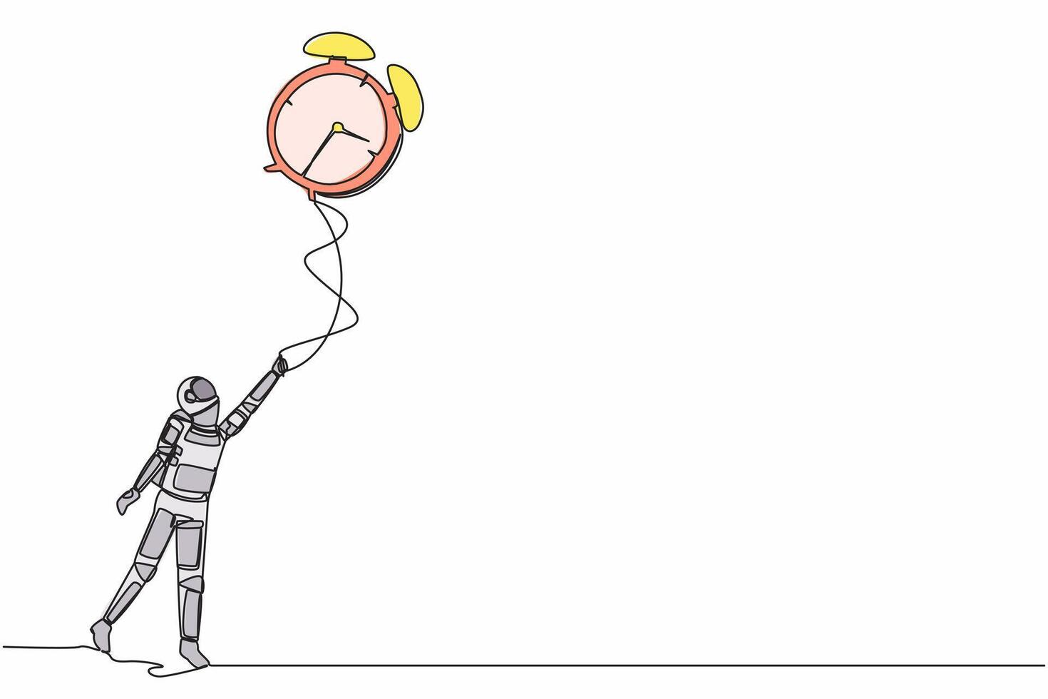 Single continuous line drawing young astronaut holding flying big alarm clock balloon with rope in moon surface. Cosmonaut deep space concept. Dynamic one line draw graphic design vector illustration