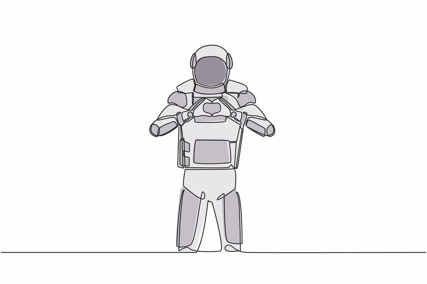 Single continuous line drawing of young astronaut standing with making love sign, heart symbol in front of chest. Cosmonaut deep space concept. Dynamic one line draw graphic design vector illustration