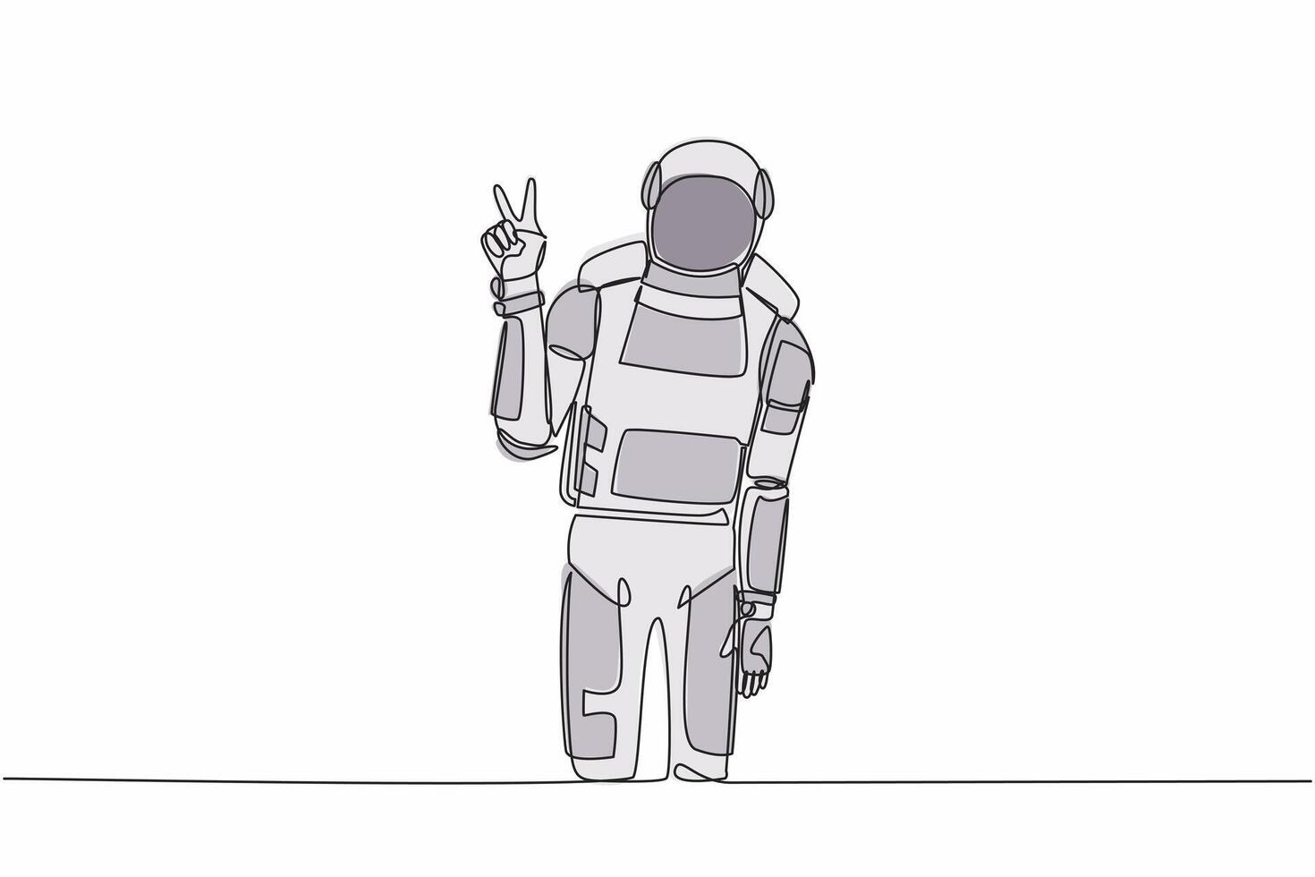 Continuous one line drawing young astronaut standing with v symbol, victory sign, success or winner gesture in moon surface. Cosmonaut outer space. Single line draw graphic design vector illustration