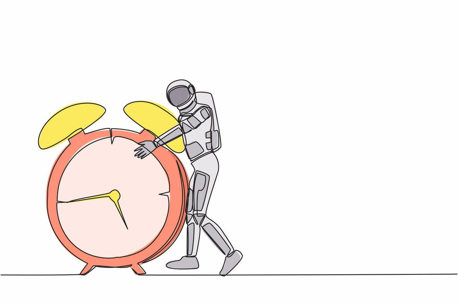 Single continuous line drawing young astronaut hugging huge alarm clock in moon surface. Deadline spaceship expedition project. Cosmonaut deep space. One line draw graphic design vector illustration