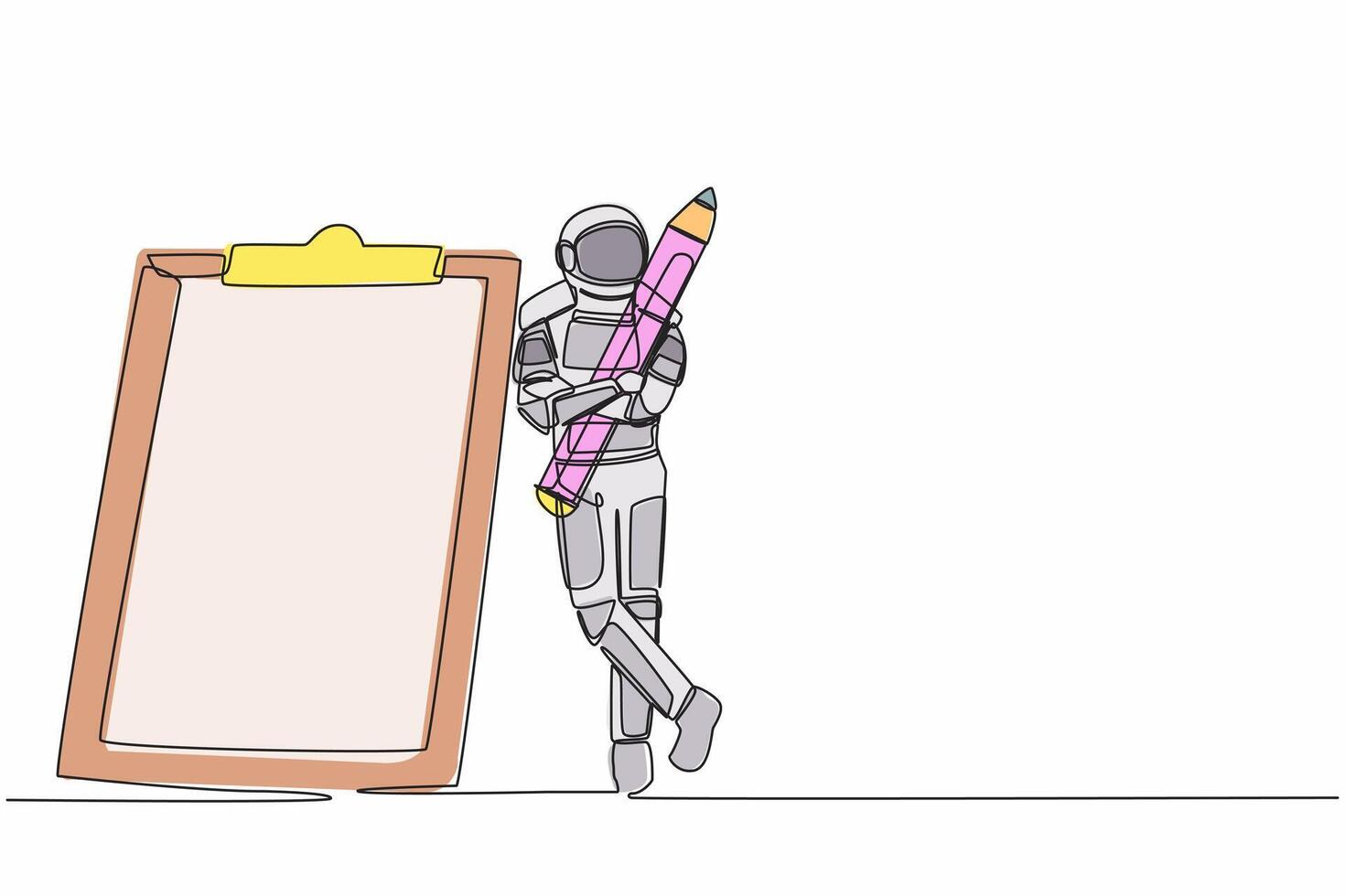 Single one line drawing astronaut holding big pencil and lean on clipboard in moon surface. Checklist space exploration document. Cosmic galaxy space. Continuous line draw design vector illustration