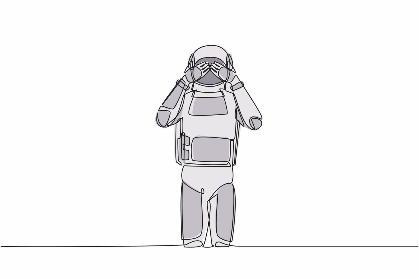 Single one line drawing astronaut standing with covering his eyes with hands because of disgust and reluctance to see something. Cosmic galaxy space. Continuous line graphic design vector illustration