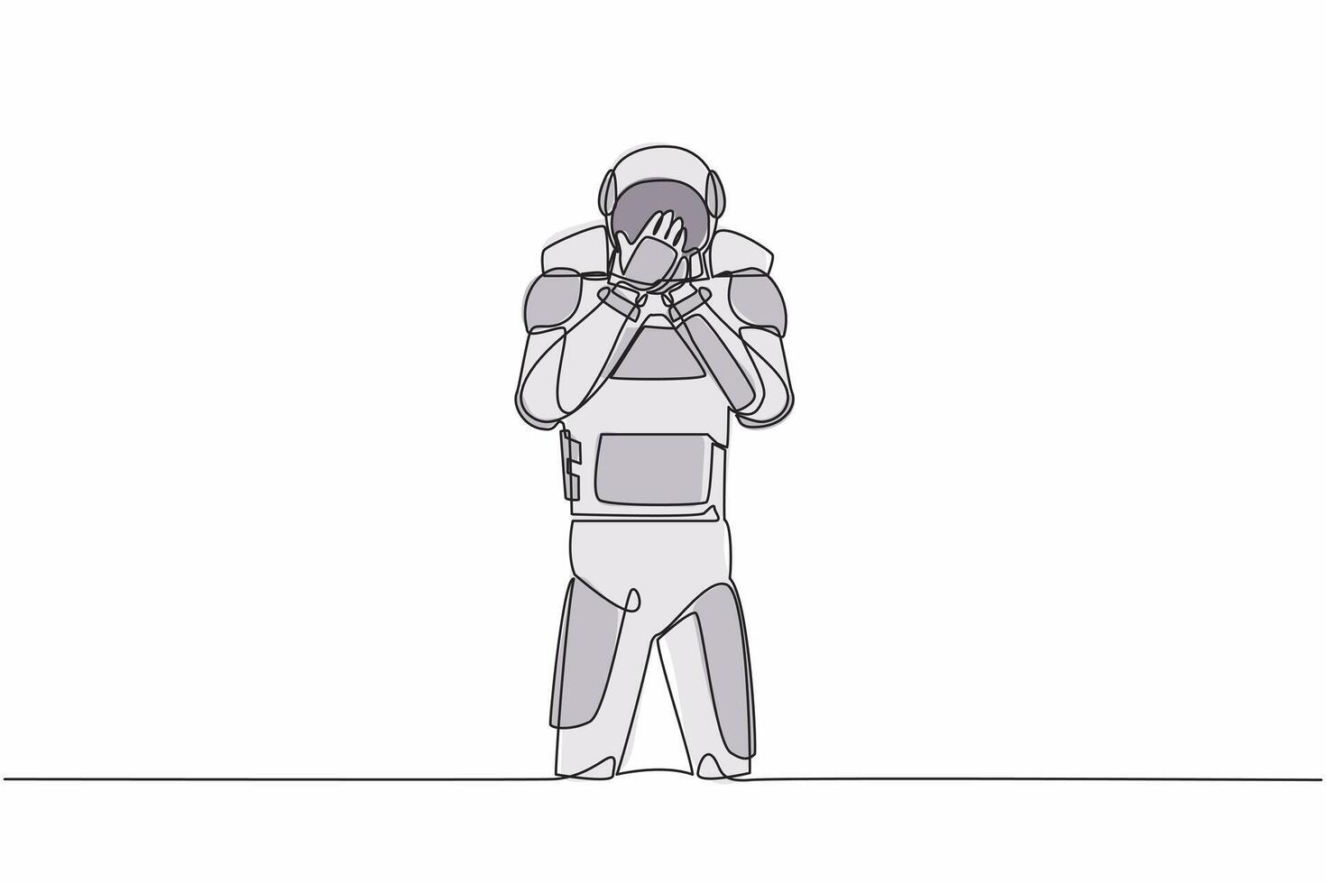 Continuous one line drawing young astronaut standing with covering mouth with hands, shocked with shame for mistake. Cosmonaut outer space concept. Single line draw graphic design vector illustration
