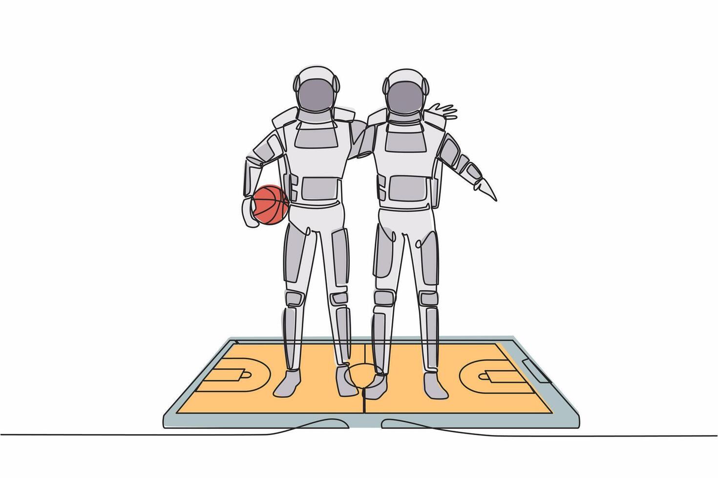 Single one line drawing of two basketball players astronaut embrace each other on surface of smartphone. Mobile basketball. Cosmic galaxy space. Continuous line draw graphic design vector illustration