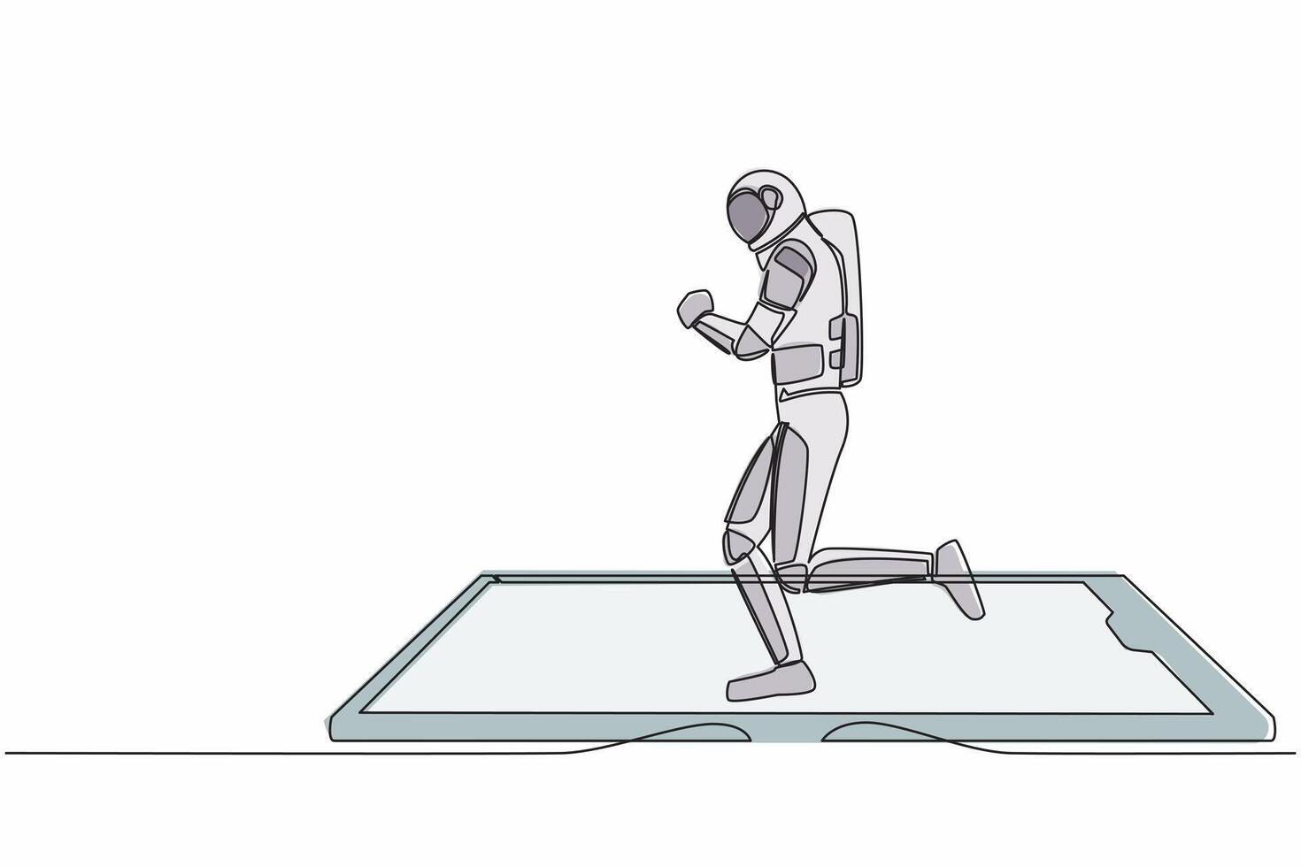 Continuous one line drawing astronaut running on smartphone screen treadmill. Exercise fitness app and sport. Cardio control digital. Cosmonaut outer space. Single line draw design vector illustration