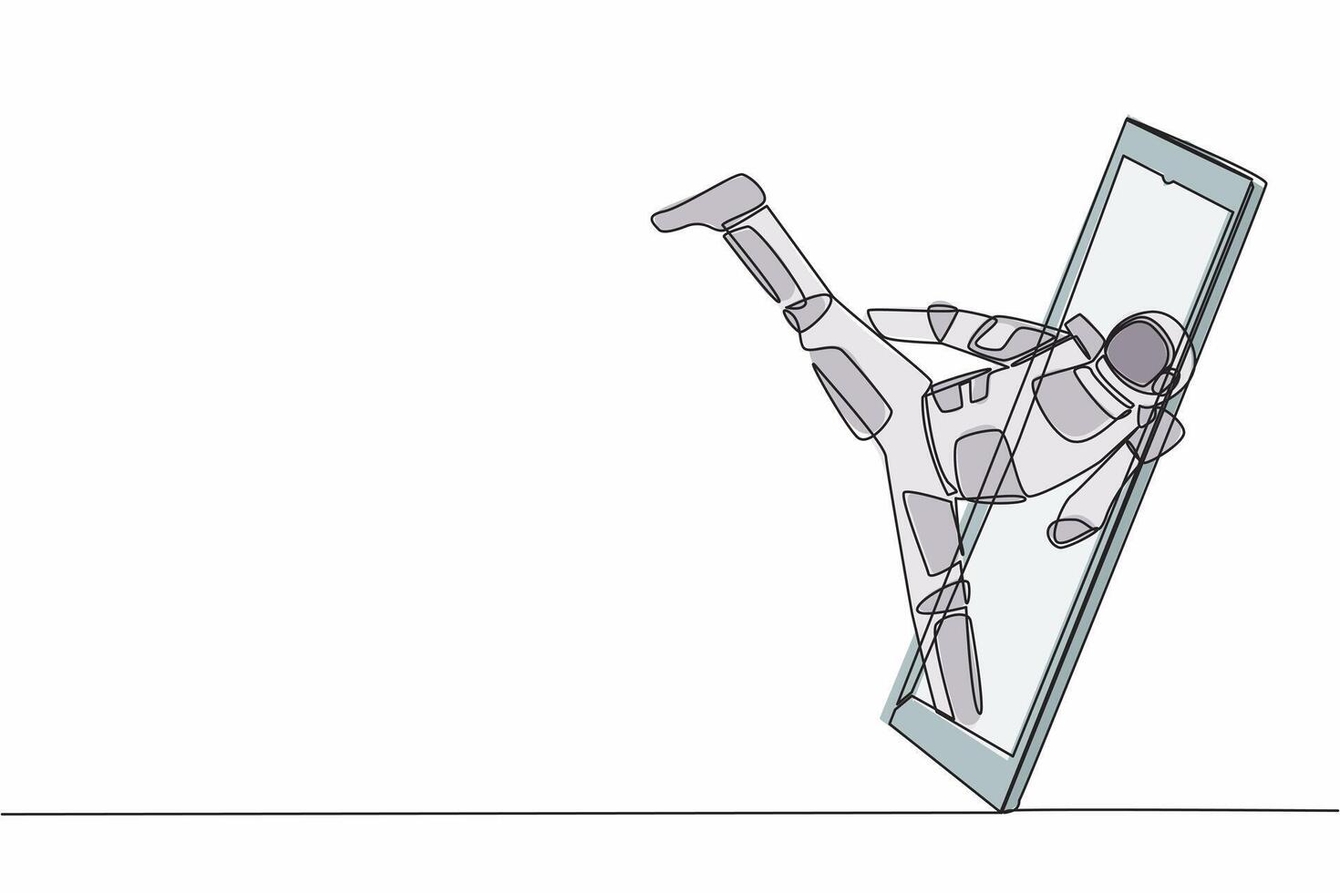 Single one line drawing of taekwondo astronaut in spacesuit doing kick pose getting out of smartphone screen. Online app taekwondo game. Cosmic galaxy space. Continuous line design vector illustration