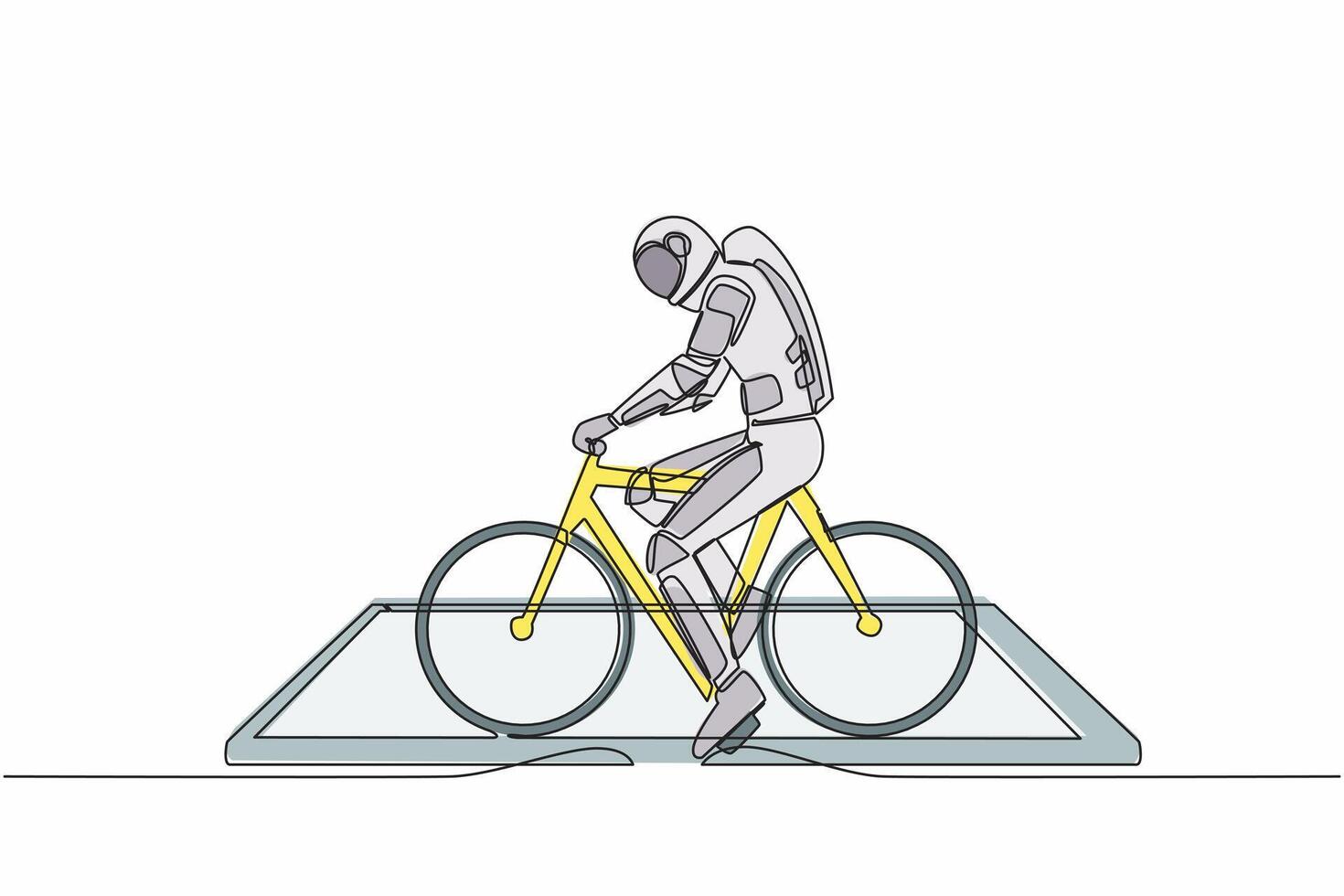 soltero continuo línea dibujo joven astronauta vistiendo casco, montando bicicleta en teléfono inteligente pantalla. virtual bicicleta para cardio capacitación. cosmonauta profundo espacio. uno línea dibujar diseño vector ilustración