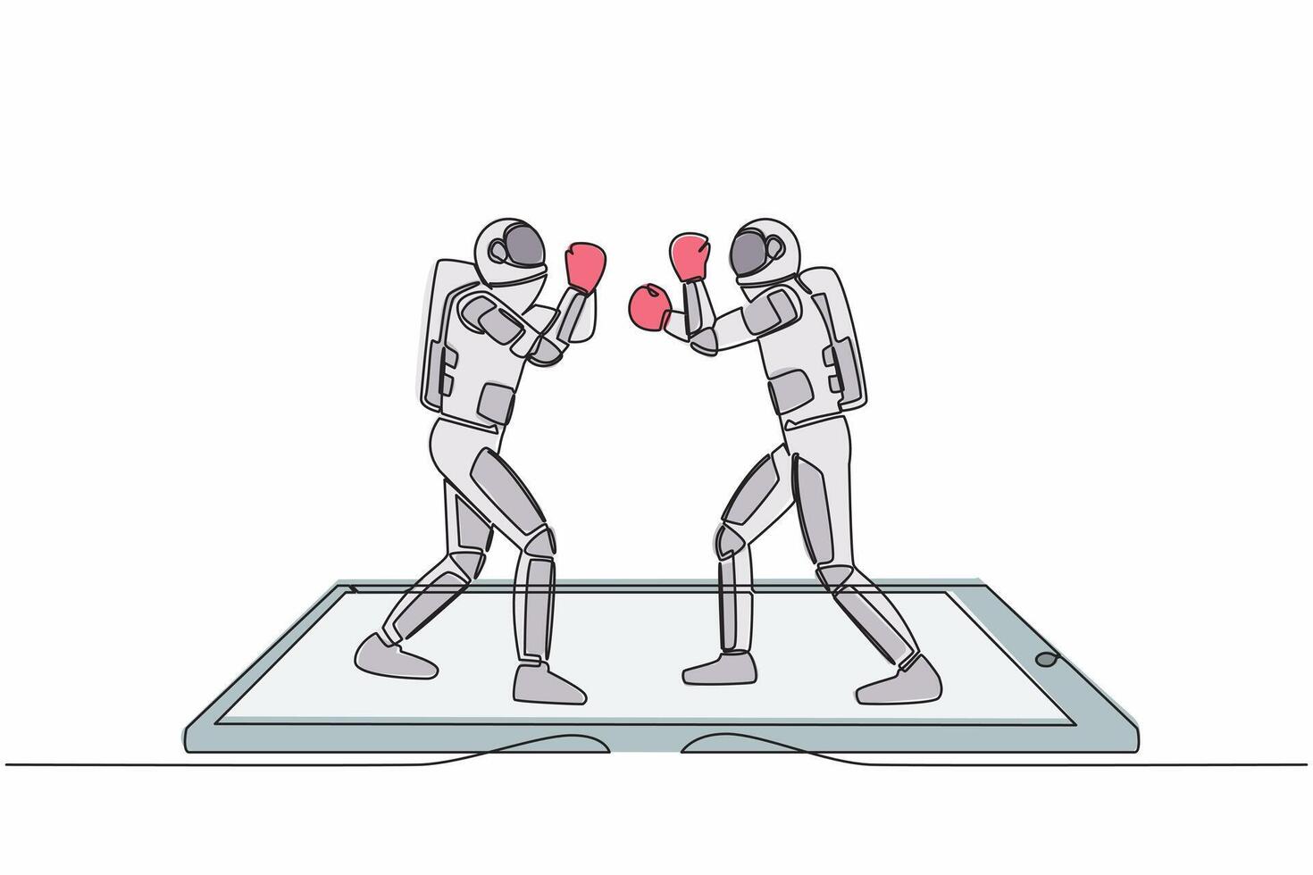 Single continuous line drawing boxing ring with two astronaut boxers on smartphone screen. Boxing fight duel during match, mobile app. Cosmonaut deep space. One line graphic design vector illustration