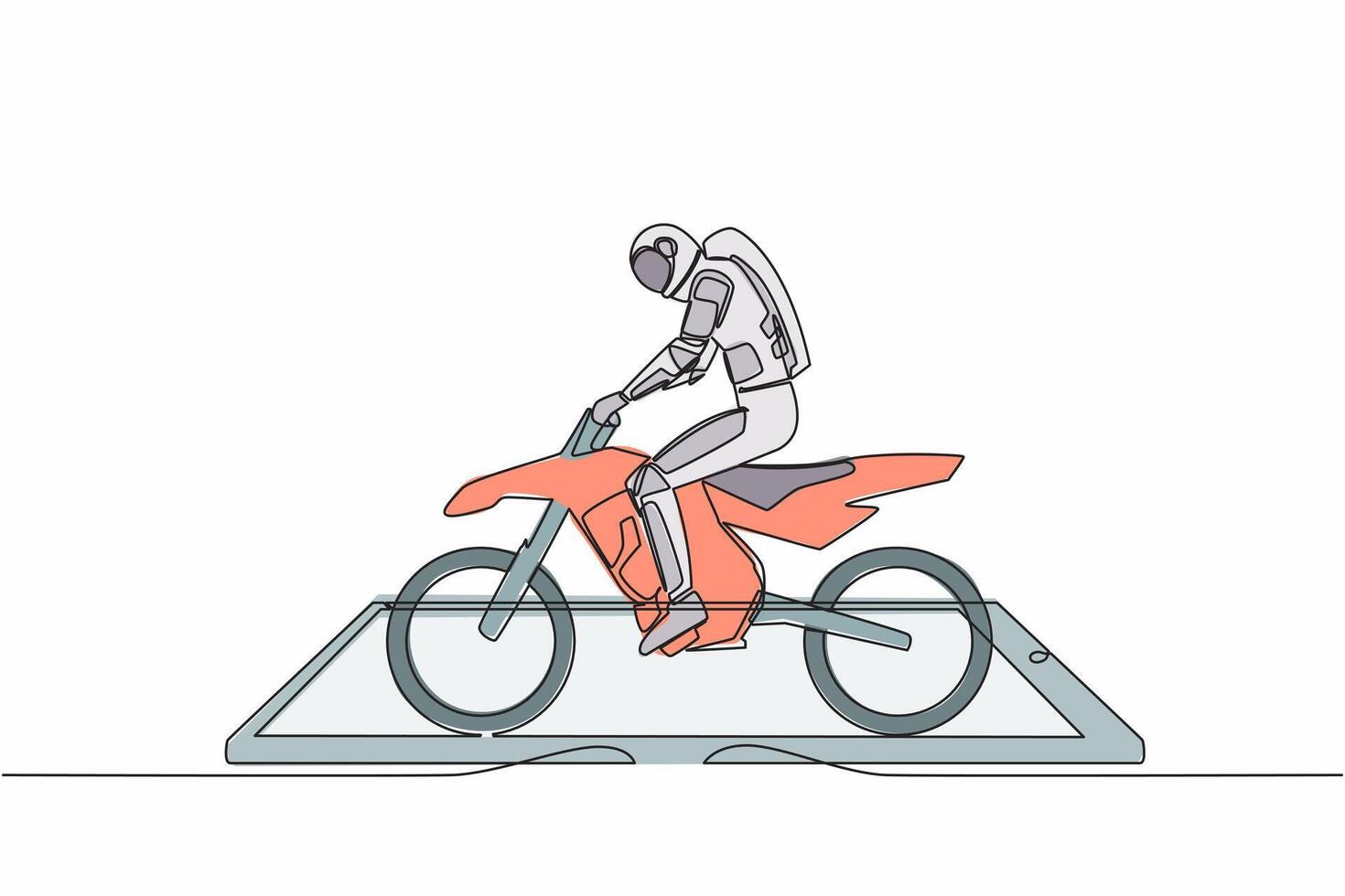 Single one line drawing of young astronaut motocross rider ride motocross bike on smartphone screen. Freestyle motocross extreme sport. Cosmic galaxy space. Continuous line design vector illustration
