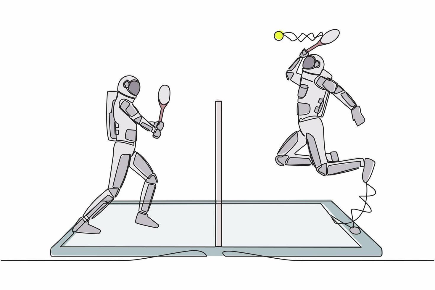 Single one line drawing of digital tennis court with two astronaut players on smartphone screen. Professional online sports competition. Cosmic galaxy space. Continuous line design vector illustration