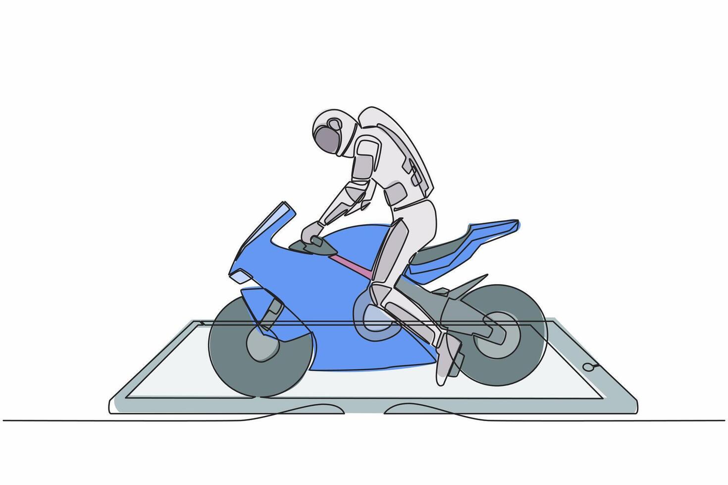 Continuous one line drawing young astronaut biker wearing helmet, riding motorcycle on smartphone screen. Online sport bike. Cosmonaut outer space. Single line draw graphic design vector illustration