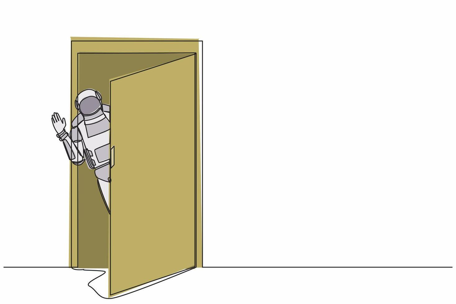 Single one line drawing young astronaut looking from behind open door in moon surface. Spaceman peeking of door and wave hands. Cosmic galaxy space. Continuous line graphic design vector illustration
