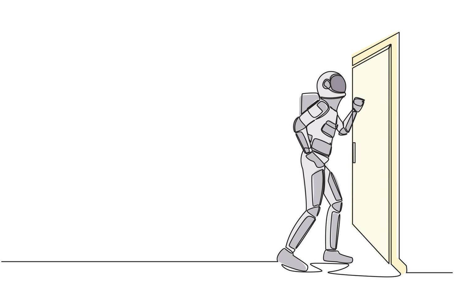 Single continuous line drawing young astronaut knocking at door in moon surface. Spaceman standing at entrance of room knocking door. Cosmonaut deep space. One line graphic design vector illustration