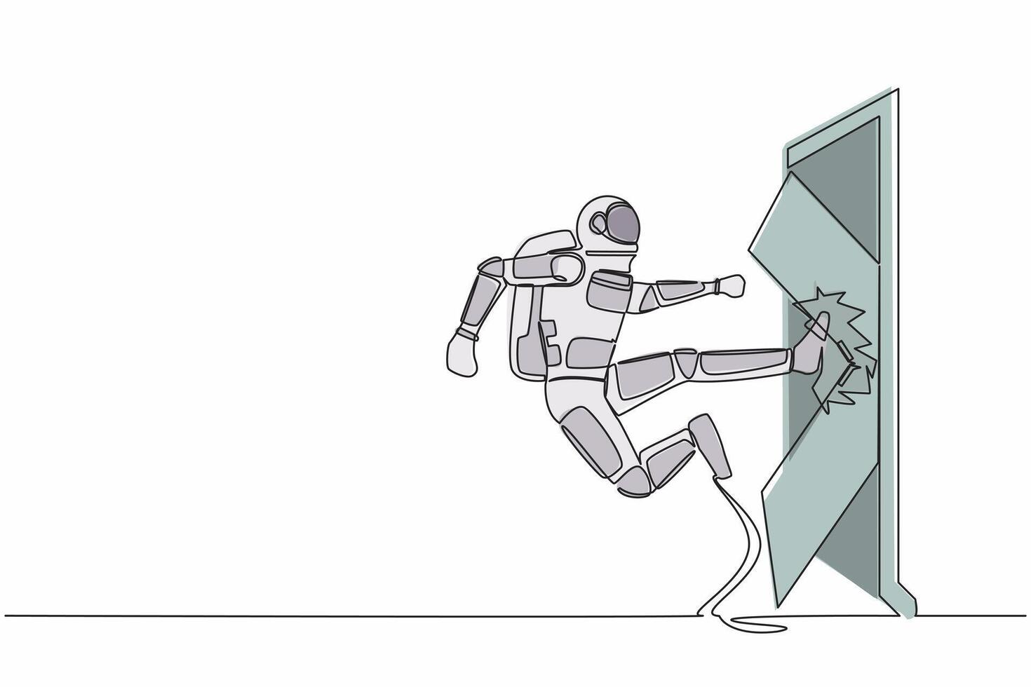 Single continuous line drawing of young astronaut kicks the door with flying kick until door shattered. Spaceman kicking locked door. Cosmonaut deep space. One line graphic design vector illustration