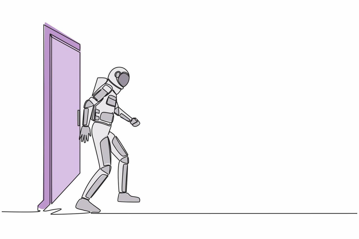 Single continuous line drawing of young astronaut walking and leaving closed door in moon surface. New space interstellar expedition. Cosmonaut deep space. One line graphic design vector illustration