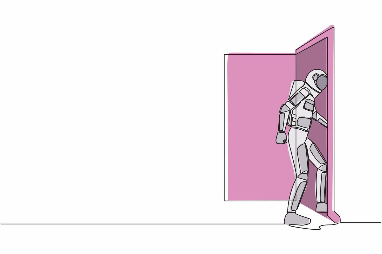 Single one line drawing young astronaut enters room through door. Spaceman walking to opened door. Starting new day at office. Cosmic galaxy space. Continuous line graphic design vector illustration