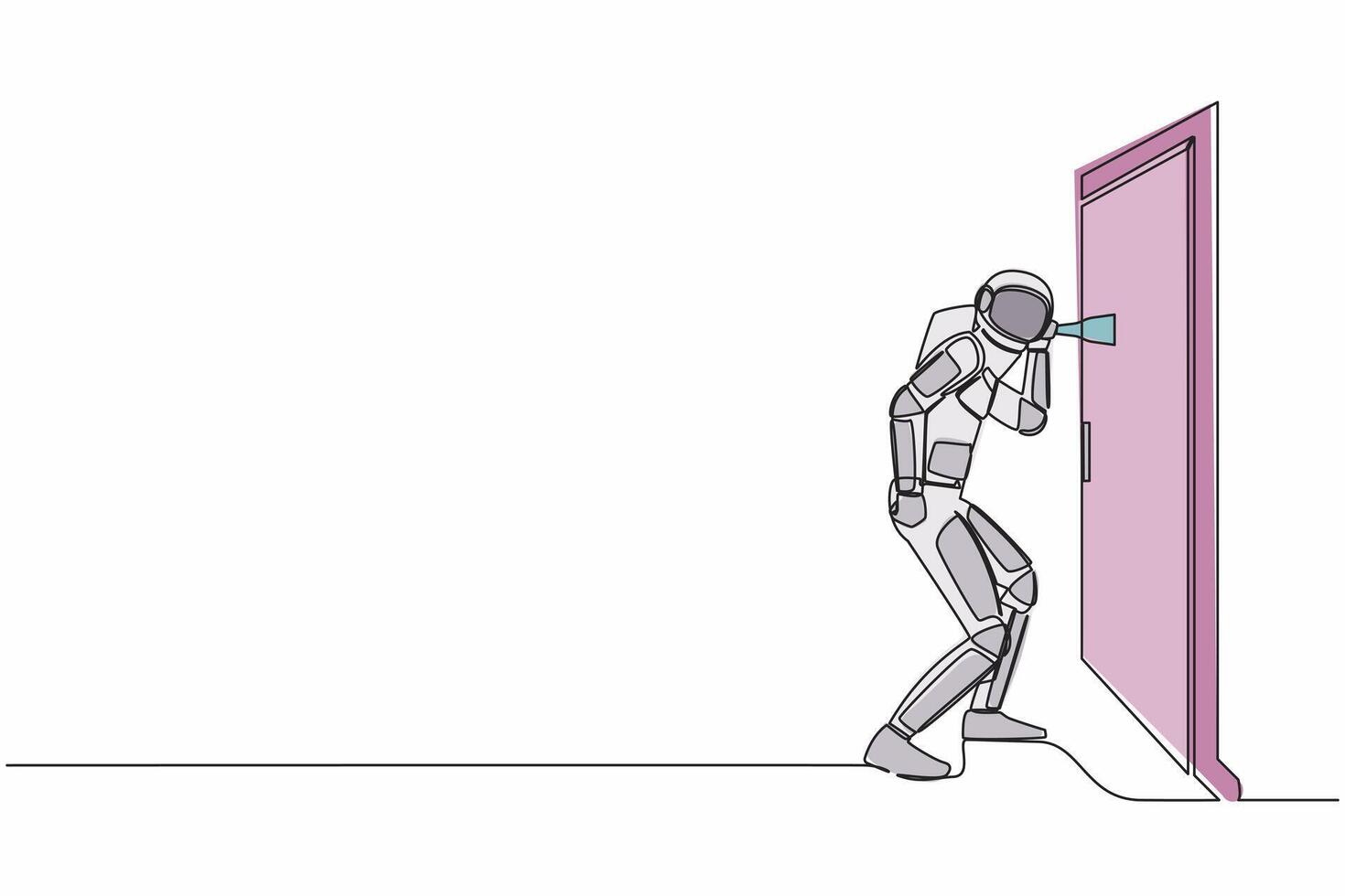 Single one line drawing astronaut eavesdropping at the door. Curious spaceman listening to conversation. Privacy violation. Cosmic galaxy space. Continuous line draw graphic design vector illustration
