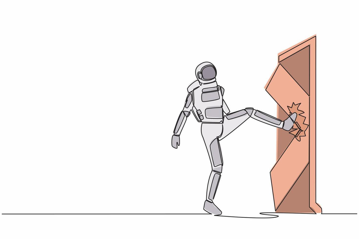Single one line drawing young astronaut kicks door until door shattered in moon surface. Spaceman kicking locked door, destroy. Cosmic galaxy space. Continuous line graphic design vector illustration