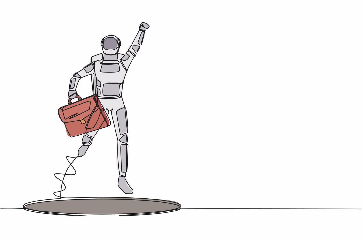 Single one line drawing flying astronaut with briefcase coming out of holes. Spaceman lead financial rising. Space business growth. Cosmic galaxy space. Continuous line draw design vector illustration