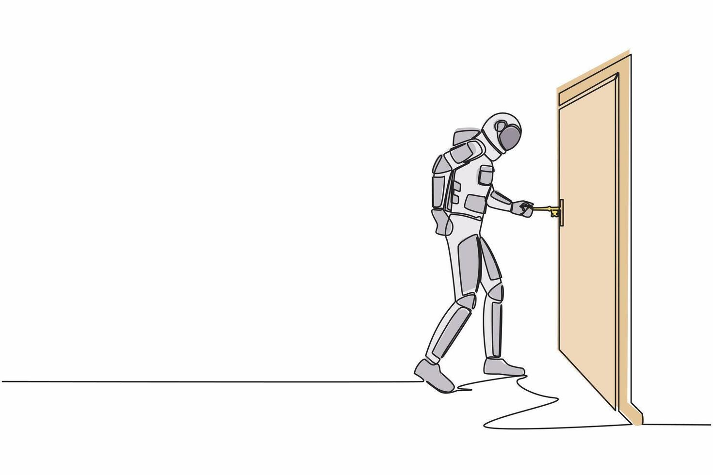 Single one line drawing astronaut insert key into keyhole which is on the door. Spaceman open office room door in moon surface. Cosmic galaxy space. Continuous line graphic design vector illustration