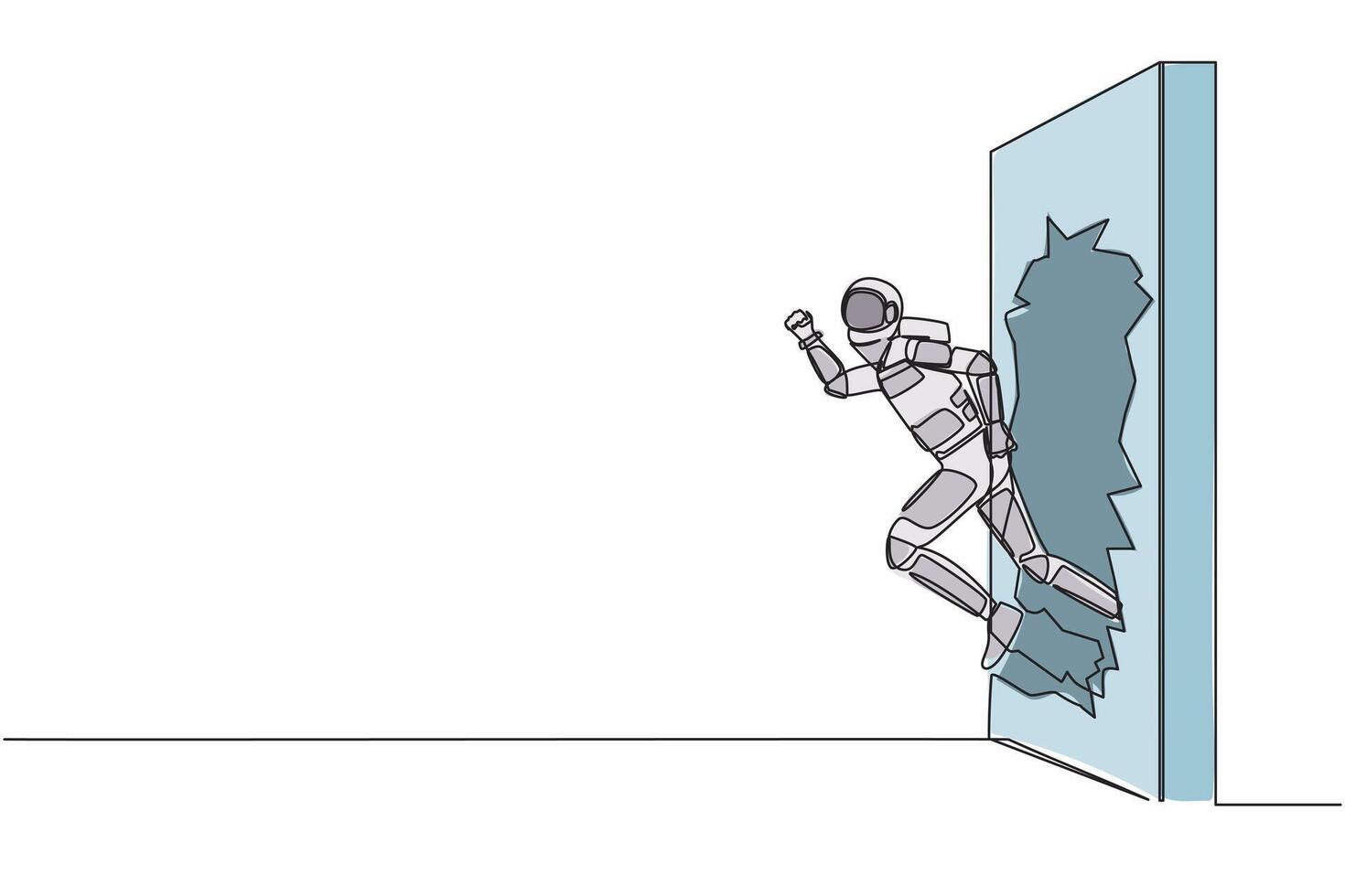 soltero continuo línea dibujo joven astronauta correr y rotura mediante ladrillo pared en Luna superficie. futuro astronave tecnología desarrollo. cosmonauta profundo espacio. uno línea gráfico diseño vector ilustración