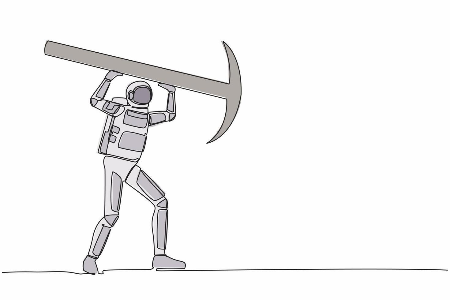 Single continuous line drawing astronaut standing and lifting big pickaxe. Depicts hard work and achievement, in galactic discovery. Cosmonaut deep space. One line graphic design vector illustration