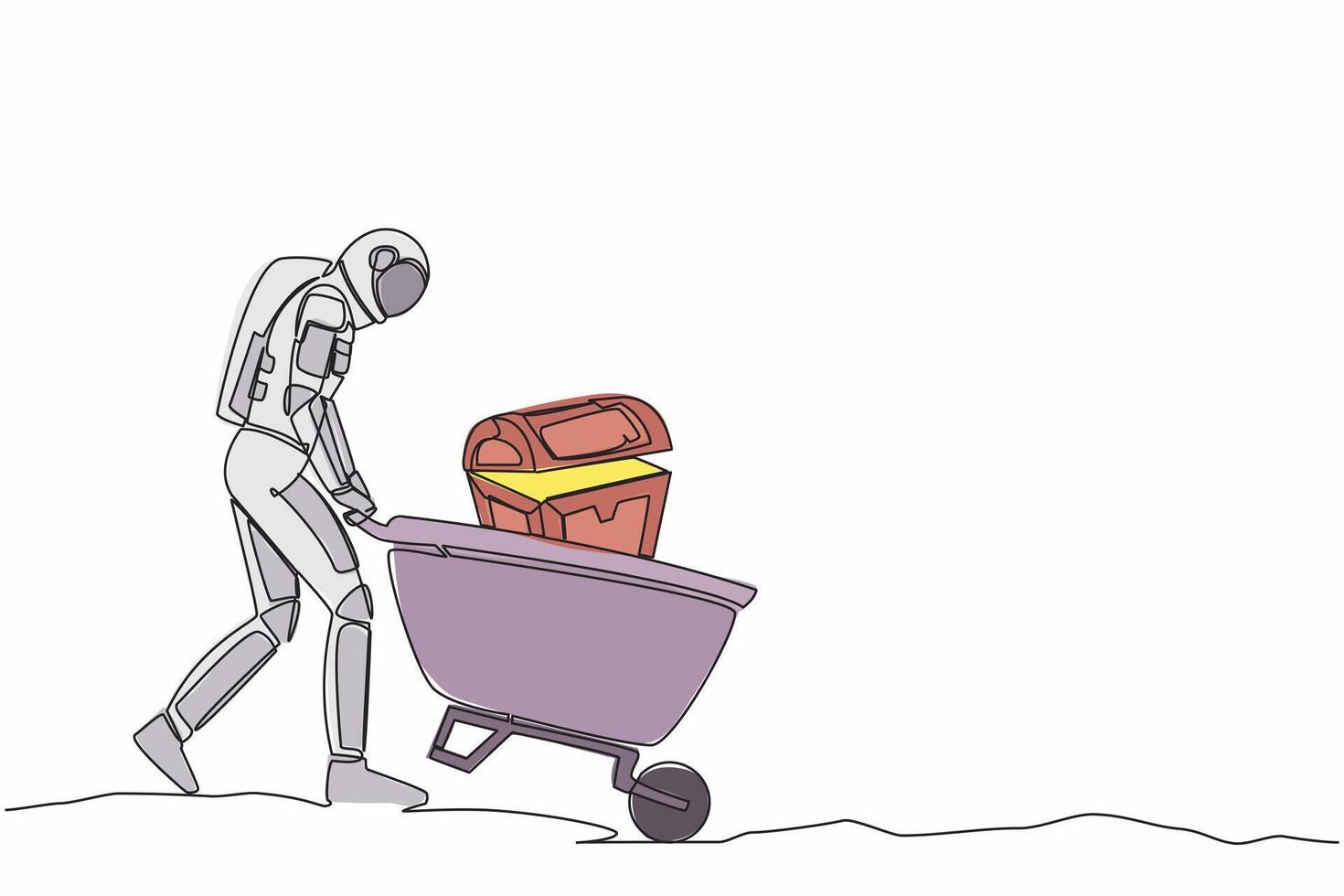 Single one line drawing astronaut pushing cart with treasure chest in moon surface. Wheelbarrow with golds, jewelry, treasures. Cosmic galaxy space. Continuous line graphic design vector illustration