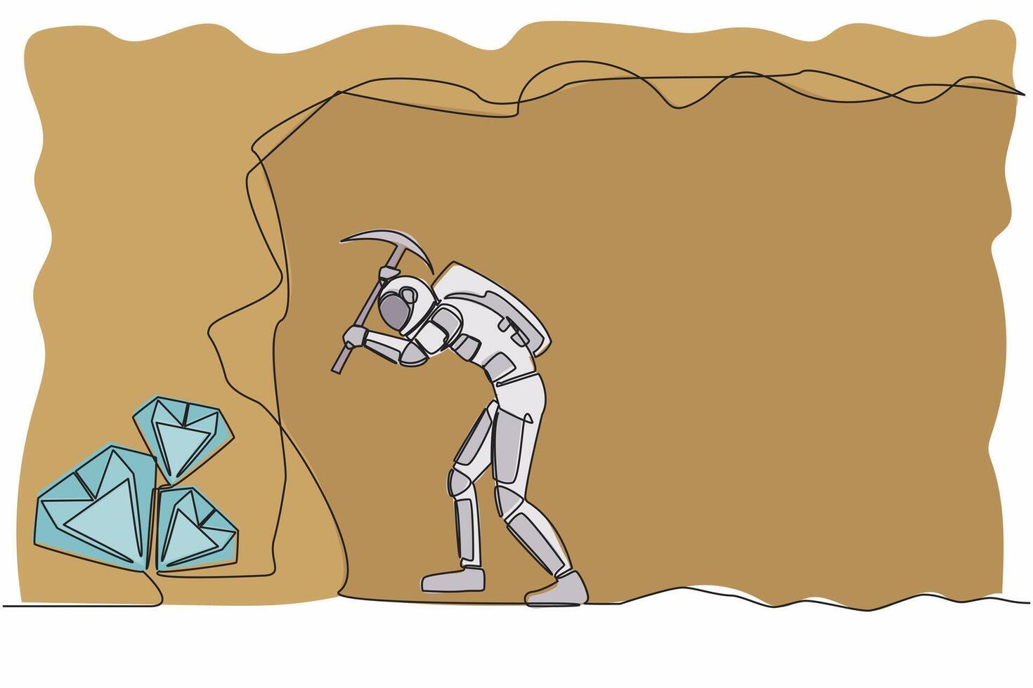 Single continuous line drawing of young astronaut digging with pickaxe in moon underground tunnel to get diamond. Cosmonaut deep space concept. Dynamic one line draw graphic design vector illustration