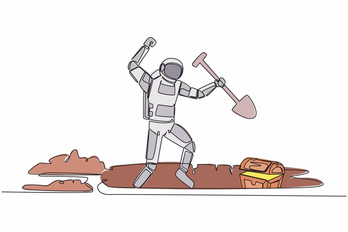 Single one line drawing young astronaut standing and holding shovel on dug ground. Happy spaceman find treasure chest in dirt. Cosmic galaxy space. Continuous line graphic design vector illustration