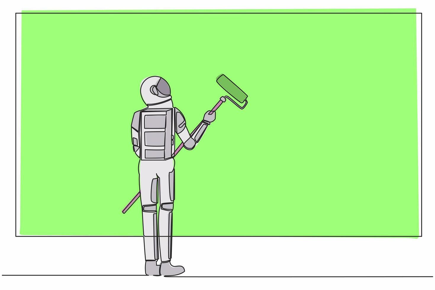 Single continuous line drawing astronaut holding paintbrush roller and painting wall. Future home decoration. House renovation. Cosmonaut deep space. One line draw graphic design vector illustration