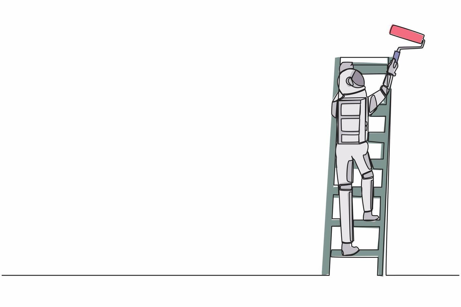 Single one line drawing astronaut painter standing on ladder and paints wall in future home. Ability to repair operating system. Cosmic galaxy space. Continuous line graphic design vector illustration
