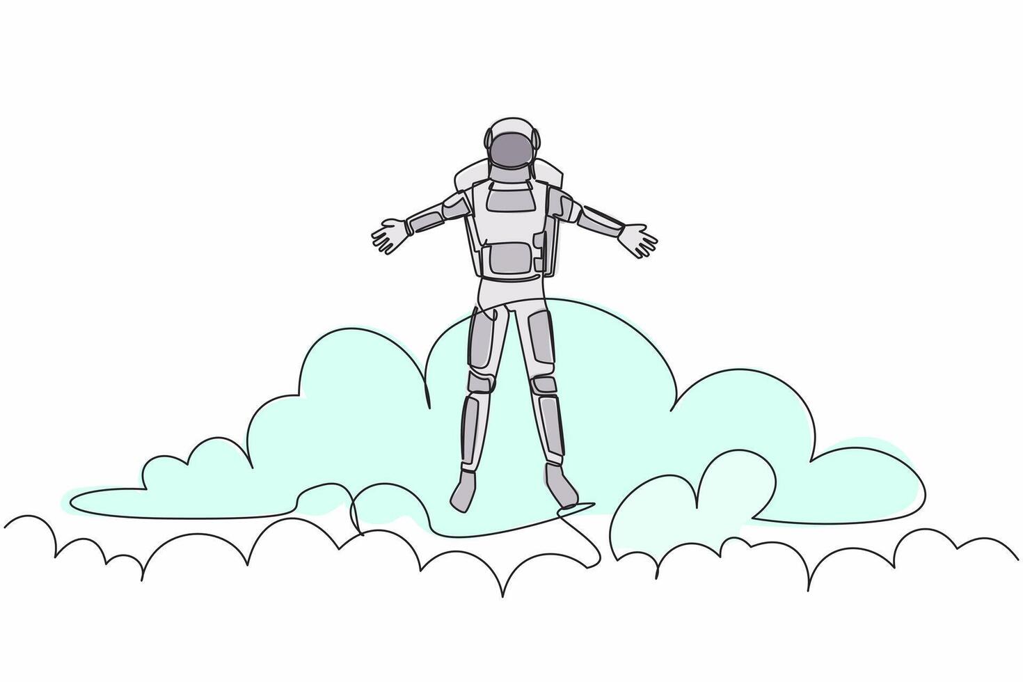 Continuous one line drawing young astronaut on top of cloud with raised hand. Successful future spaceship technology development. Cosmonaut outer space. Single line graphic design vector illustration