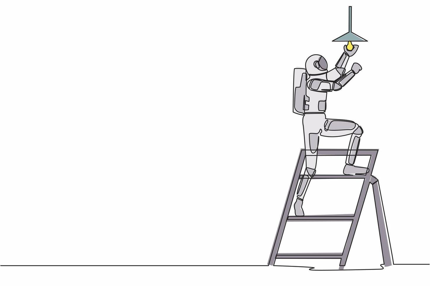 soltero continuo línea dibujo joven astronauta electricista en escalera cambio ligero bulbo. astronauta capacidad a reparar operando sistema. cosmonauta profundo espacio. uno línea gráfico diseño vector ilustración