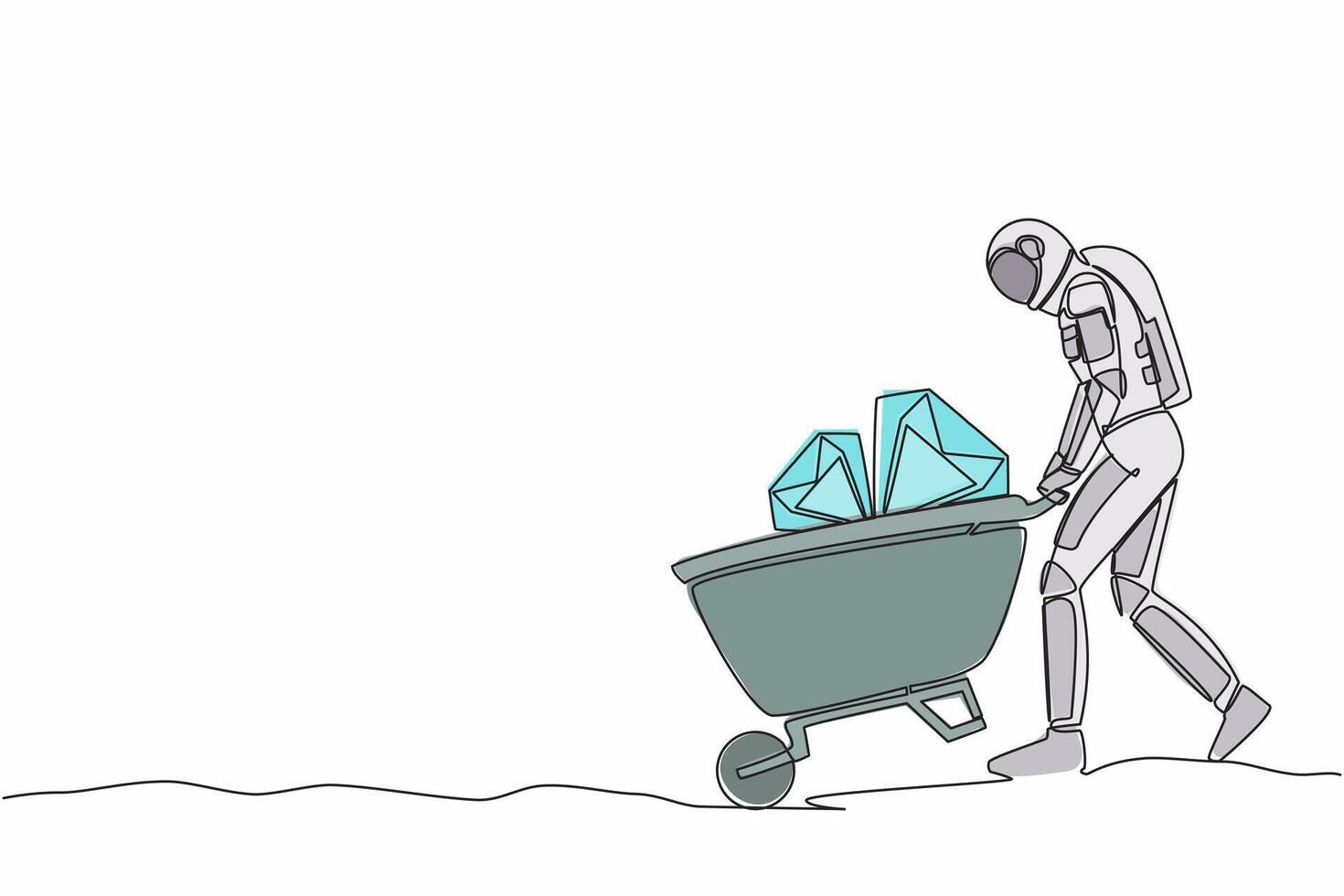Single one line drawing astronaut pushing cart full of diamonds in moon surface. Wheelbarrow with gold, jewelry, precious stone. Cosmic galaxy space. Continuous line graphic design vector illustration