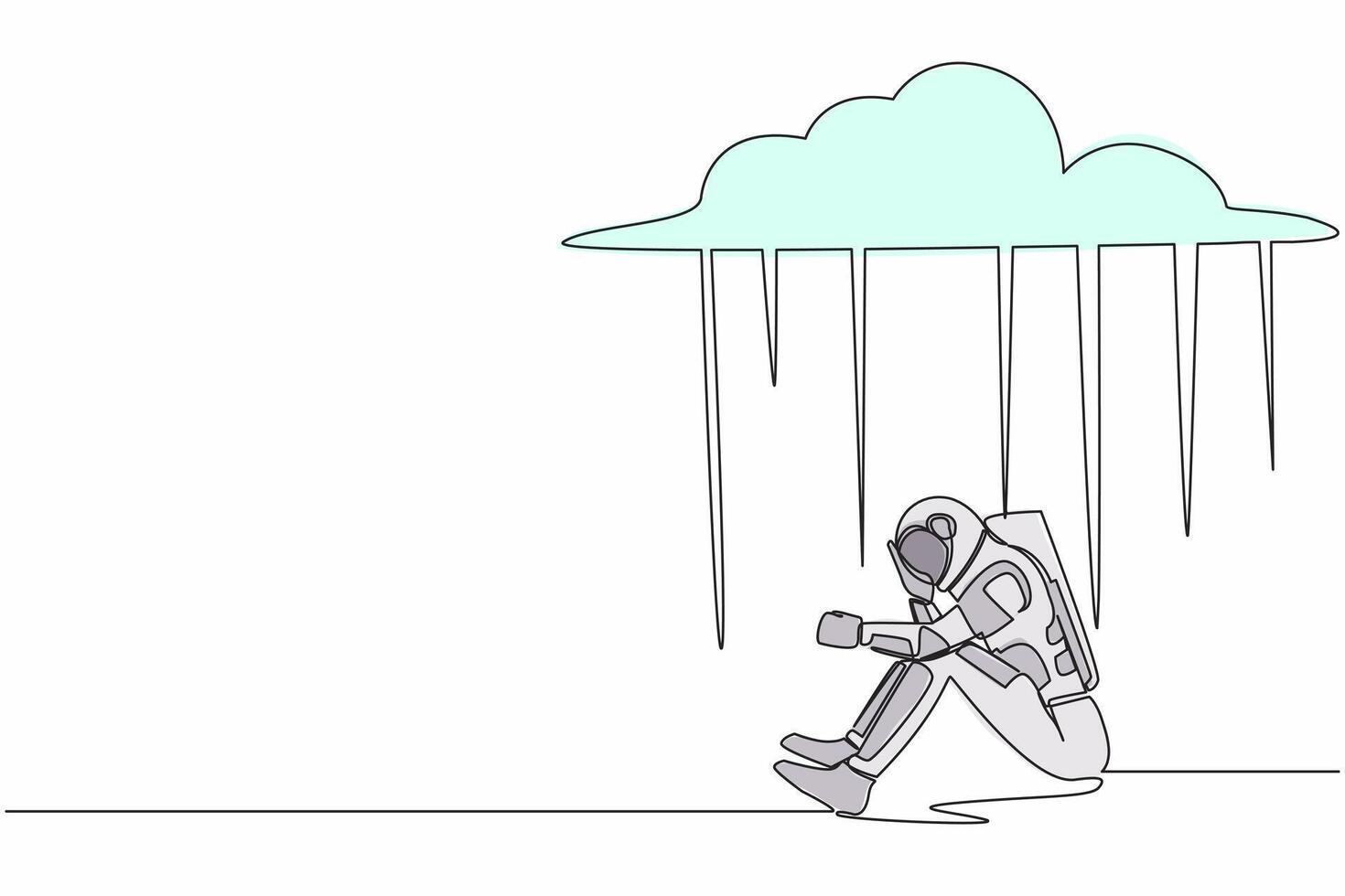 Single one line drawing unhappy astronaut feeling stress and sad. Sitting under rain cloud due to space expedition failure. Cosmic galaxy space. Continuous line draw graphic design vector illustration