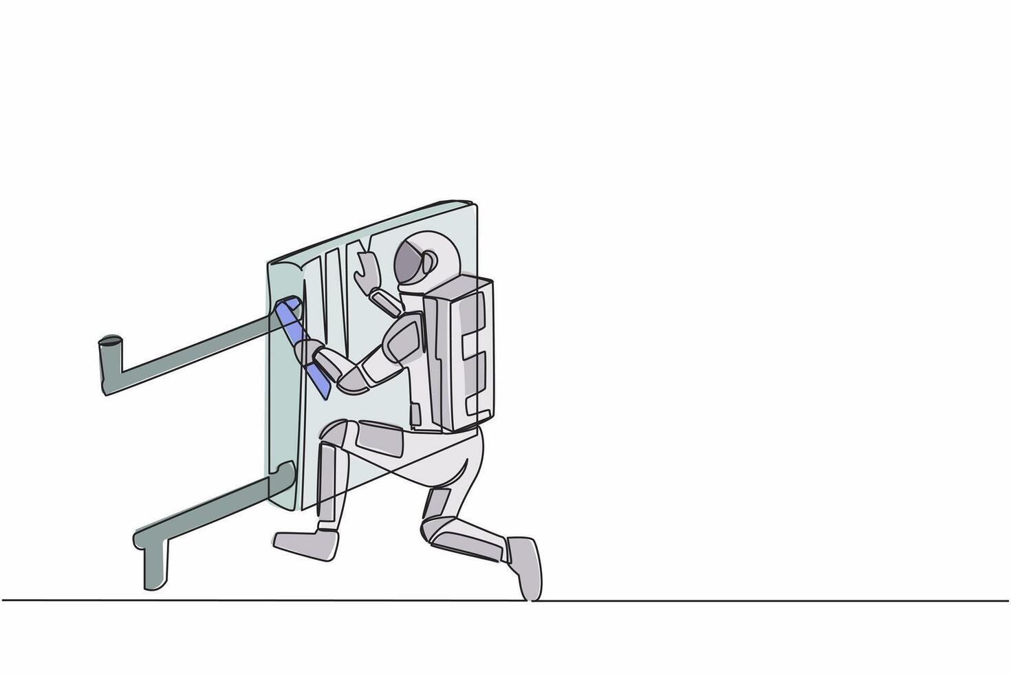 Single one line drawing young astronaut repair and installation batteries heater radiator. Ability to repair operating system. Cosmic galaxy space. Continuous line graphic design vector illustration