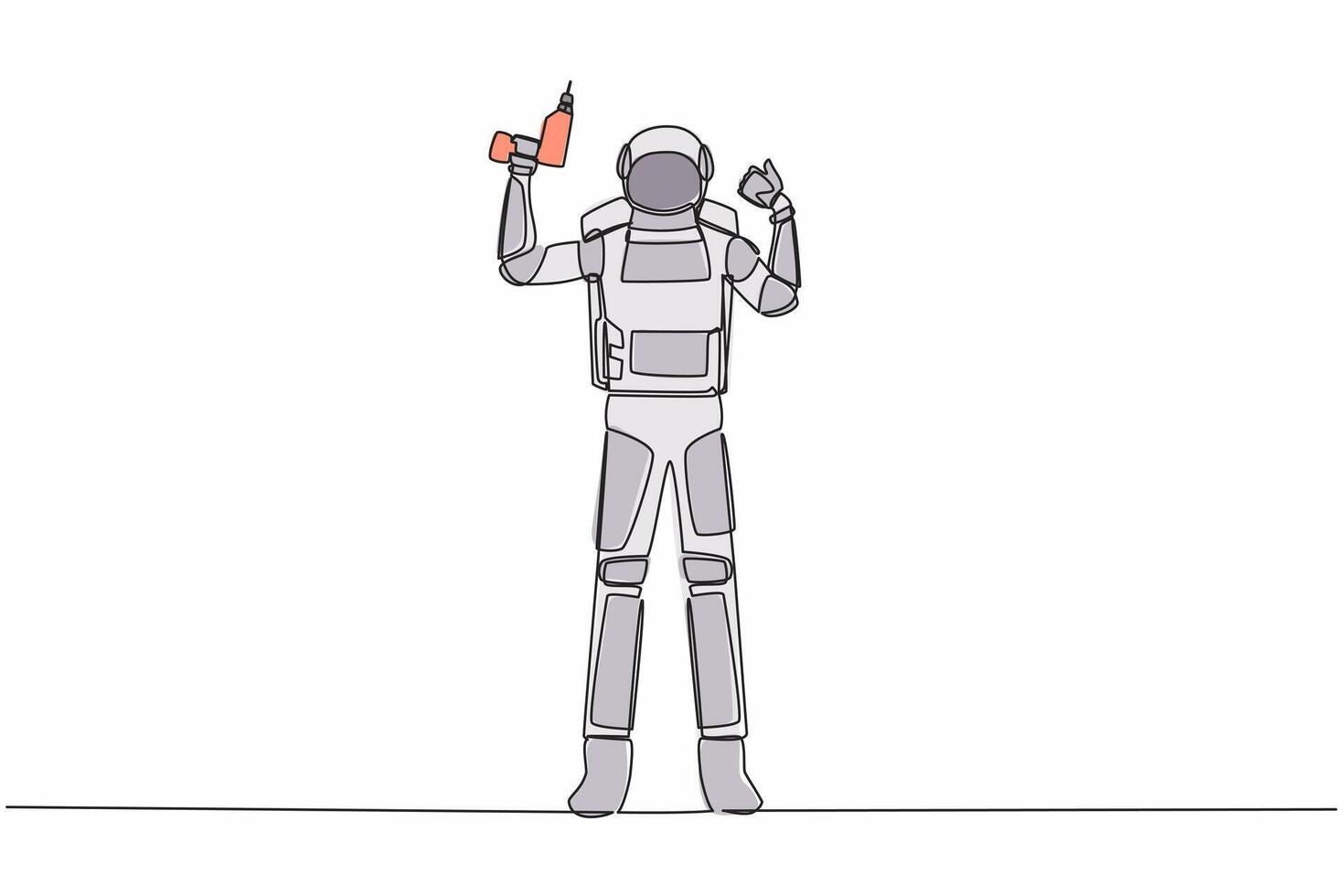Continuous one line drawing astronaut hold electric drill tool for repair household. Home decoration. Preparation house reparation. Cosmonaut outer space. Single line draw design vector illustration