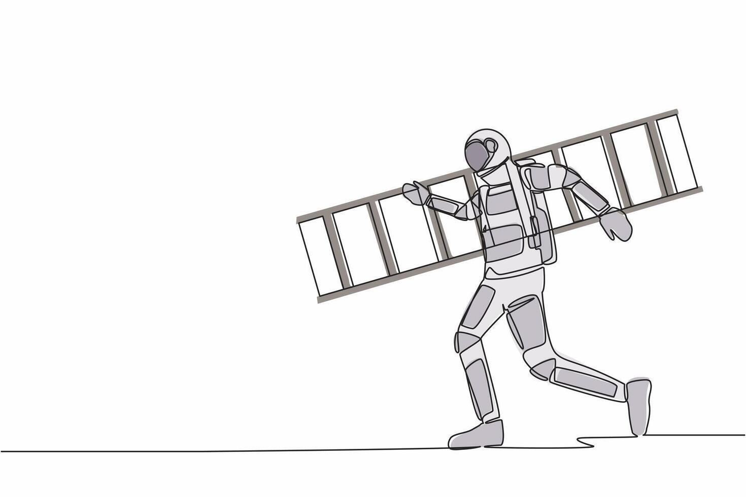 soltero uno línea dibujo astronauta reparador caminando con escalera. renovación hogar. preparación casa reparación en Luna superficie. cósmico galaxia espacio. continuo línea gráfico diseño vector ilustración