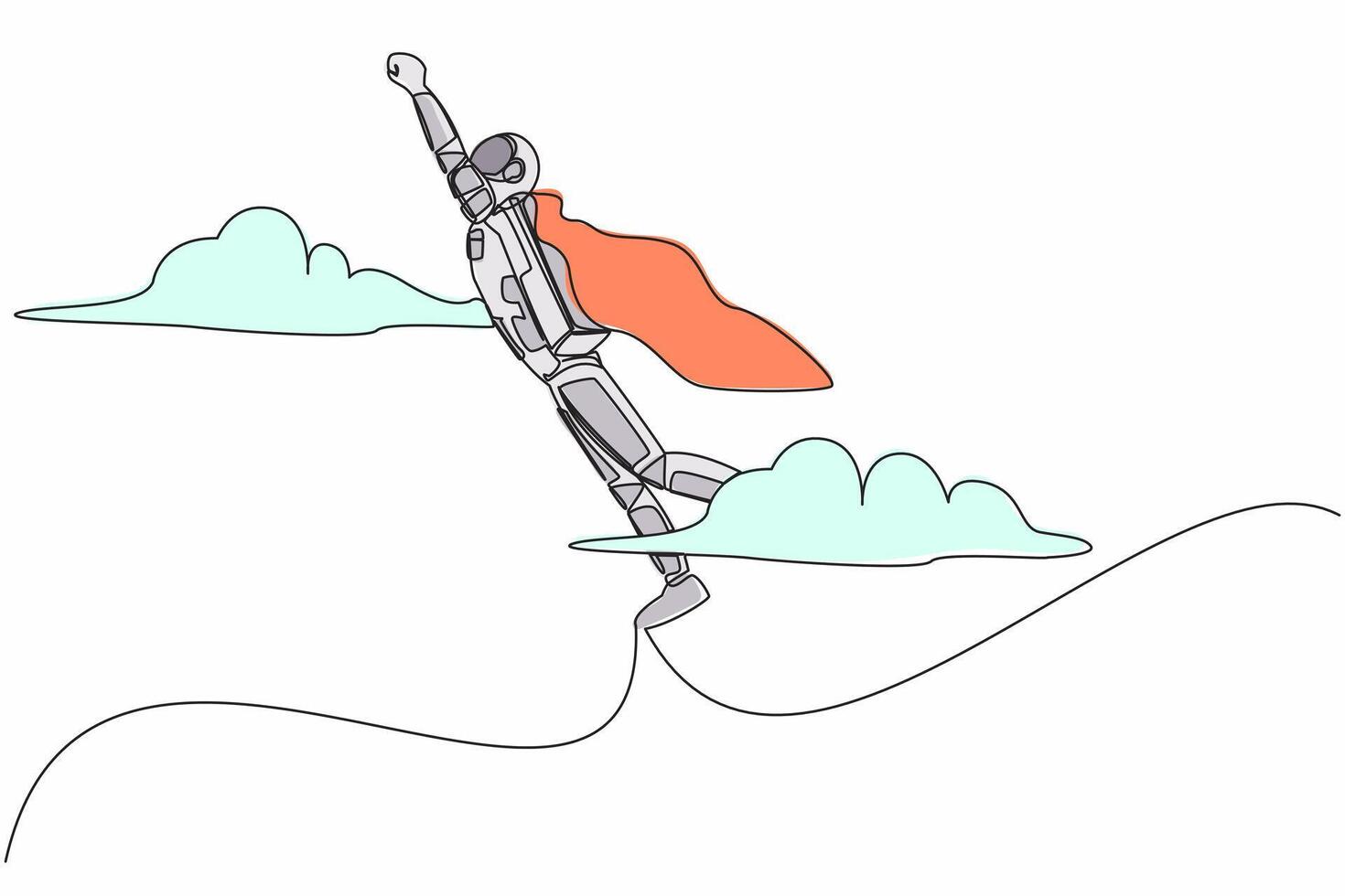 continuo uno línea dibujo súper joven astronauta en capa volador arriba a nube cielo. astronave puesta en marcha negocio idea o lanzamiento. cosmonauta exterior espacio. soltero línea gráfico diseño vector ilustración