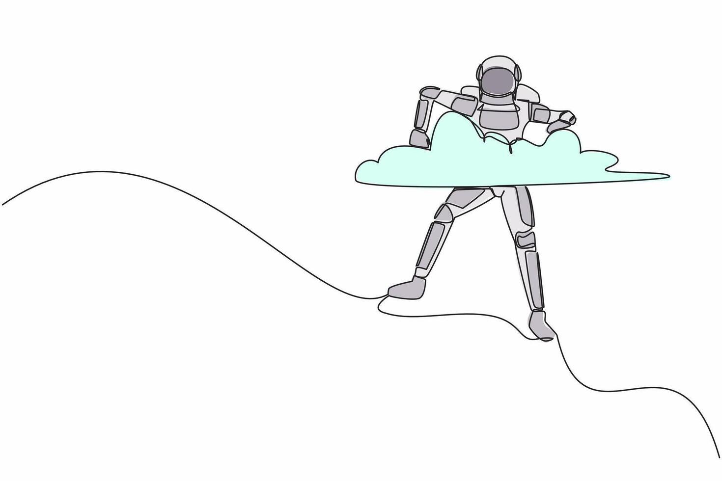 Single continuous line drawing young astronaut hang in clouds. Hoping for successful spaceship exploring or expedition project. Cosmonaut deep space. One line draw graphic design vector illustration