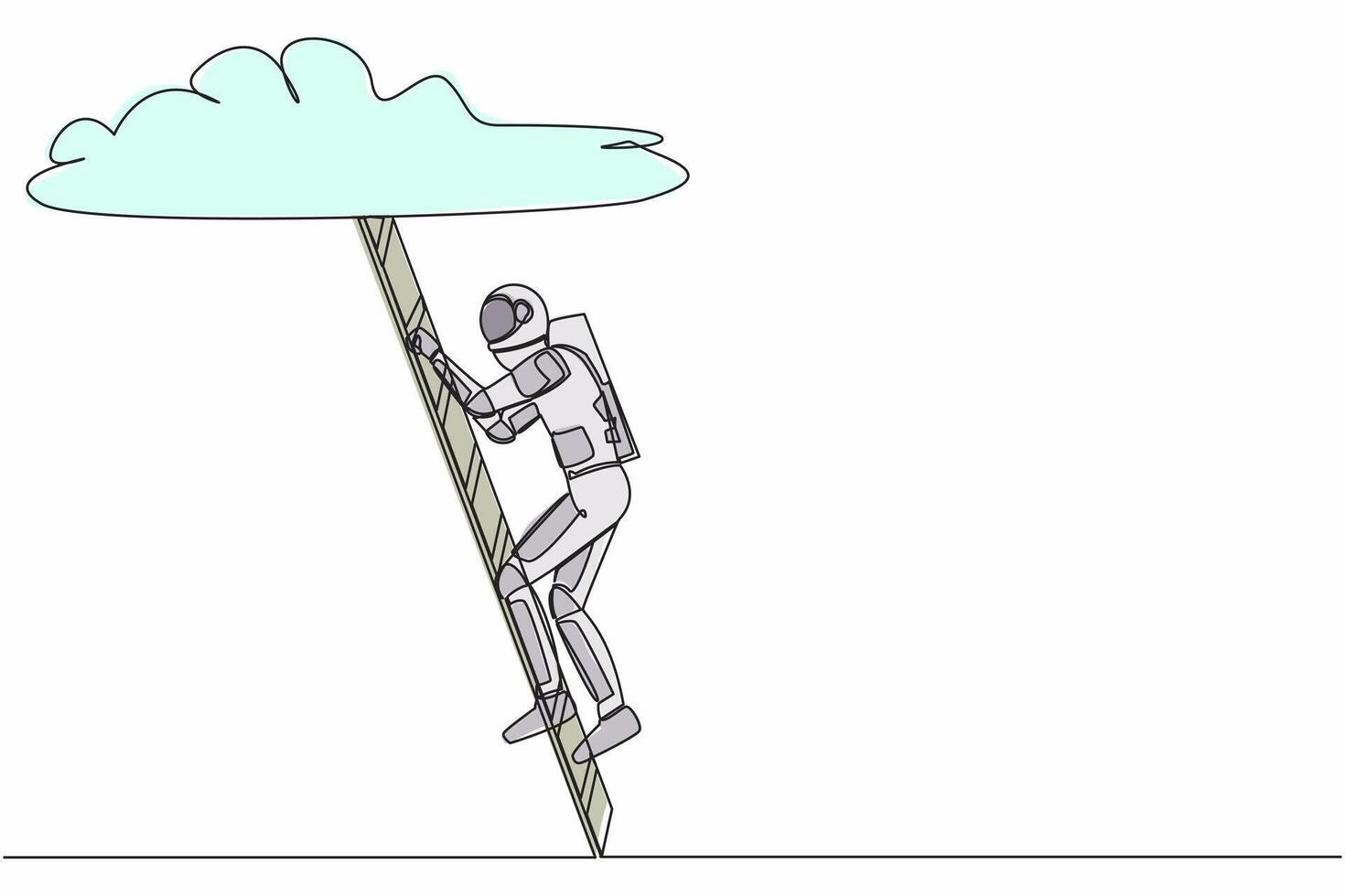 Single one line drawing young astronaut climbing up ladder to cloud. Spaceman career path growth in space industry. Cosmic galaxy space concept. Continuous line draw graphic design vector illustration