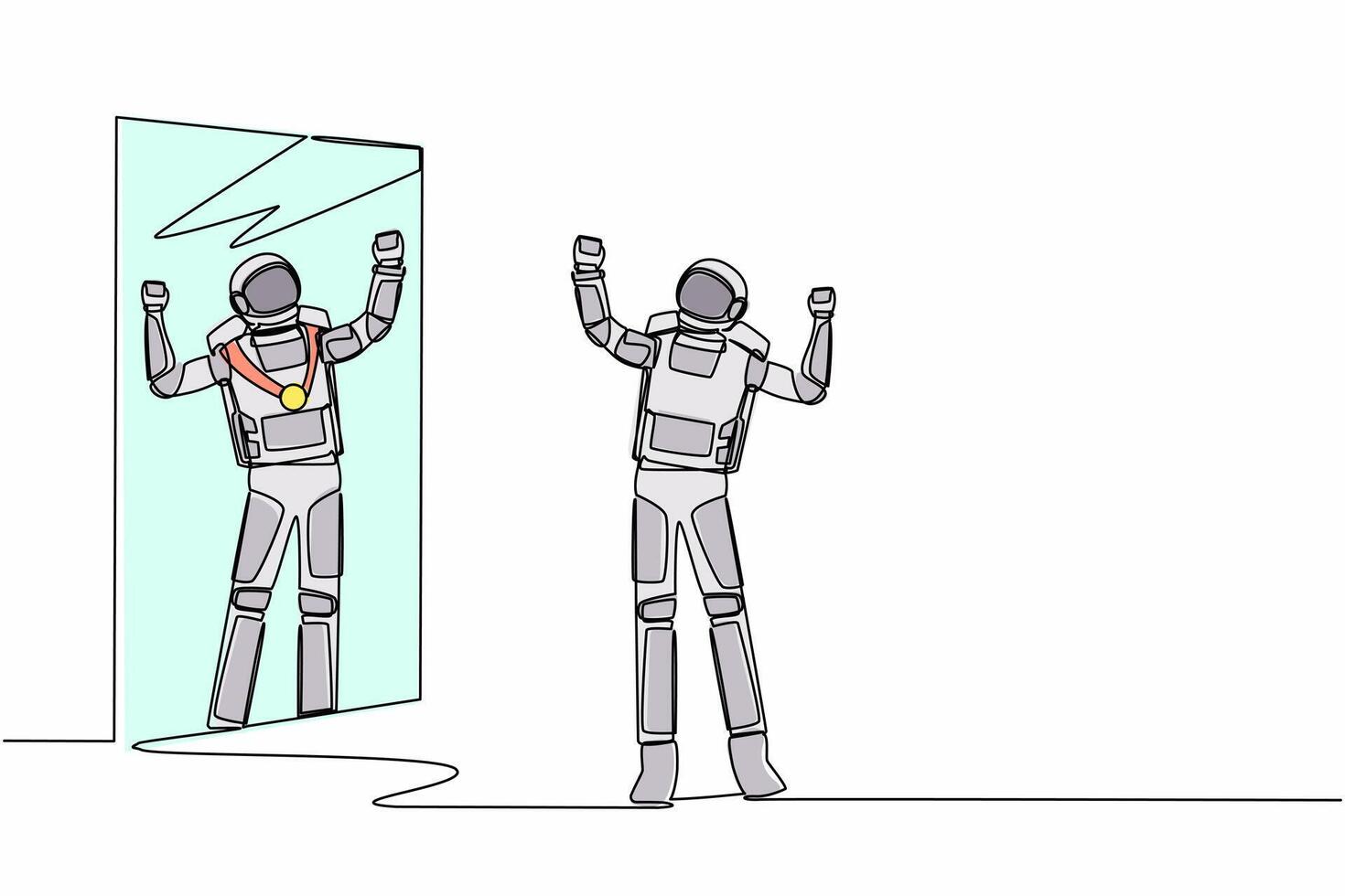 Single one line drawing astronaut looking at mirror and seeing in reflection of himself with gold medal. Winning space competition. Cosmic galaxy space. Continuous line draw design vector illustration