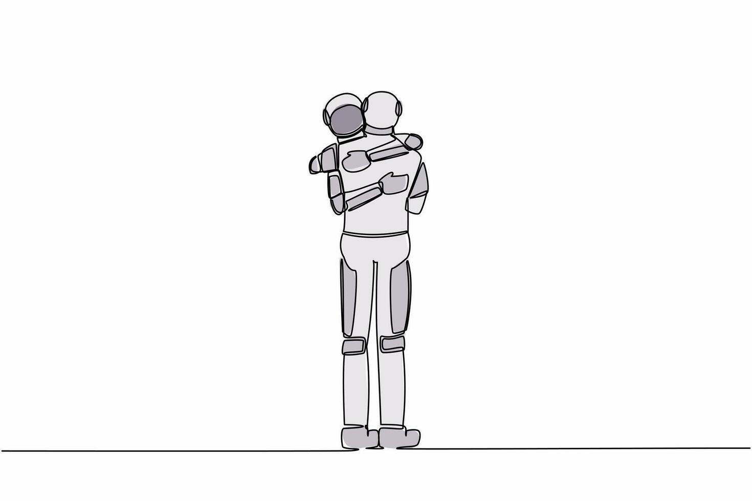 Continuous one line drawing two astronaut embracing each other closely feeling comfort. Father and son meeting after long parting. Cosmonaut outer space. Single line graphic design vector illustration