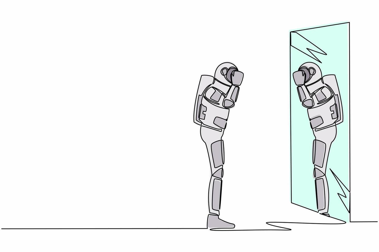Single one line drawing young astronaut holding his face on reflection mirror. Spaceman looking at mirror for shaving or trimming. Cosmic galaxy space. Continuous line draw design vector illustration