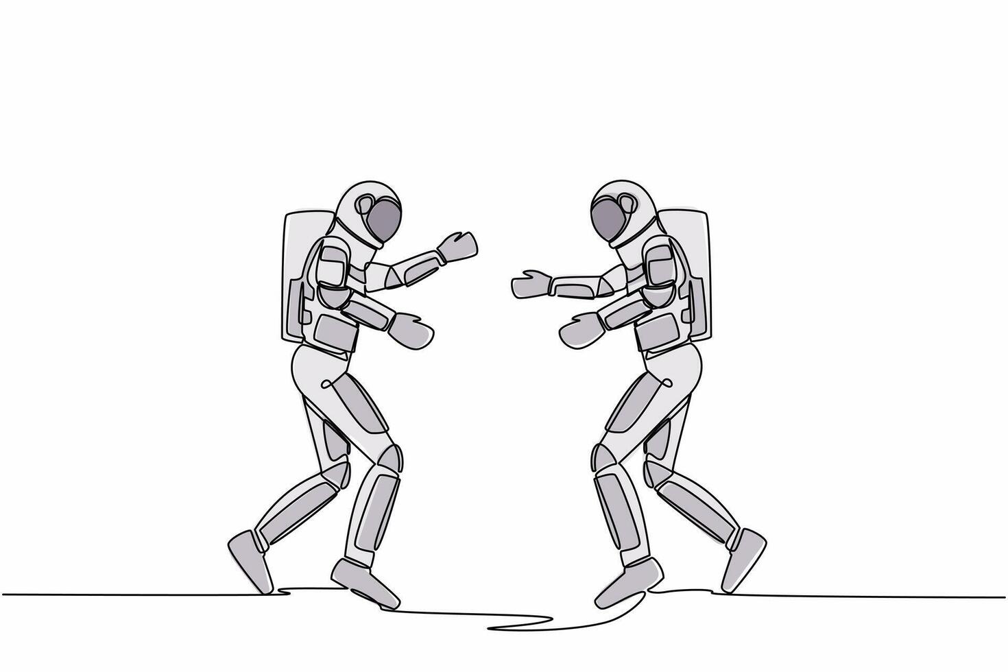 Single one line drawing two young astronaut running face to face while getting ready to hug. Break a happiness between two friends. Cosmic galaxy space. Continuous line draw design vector illustration