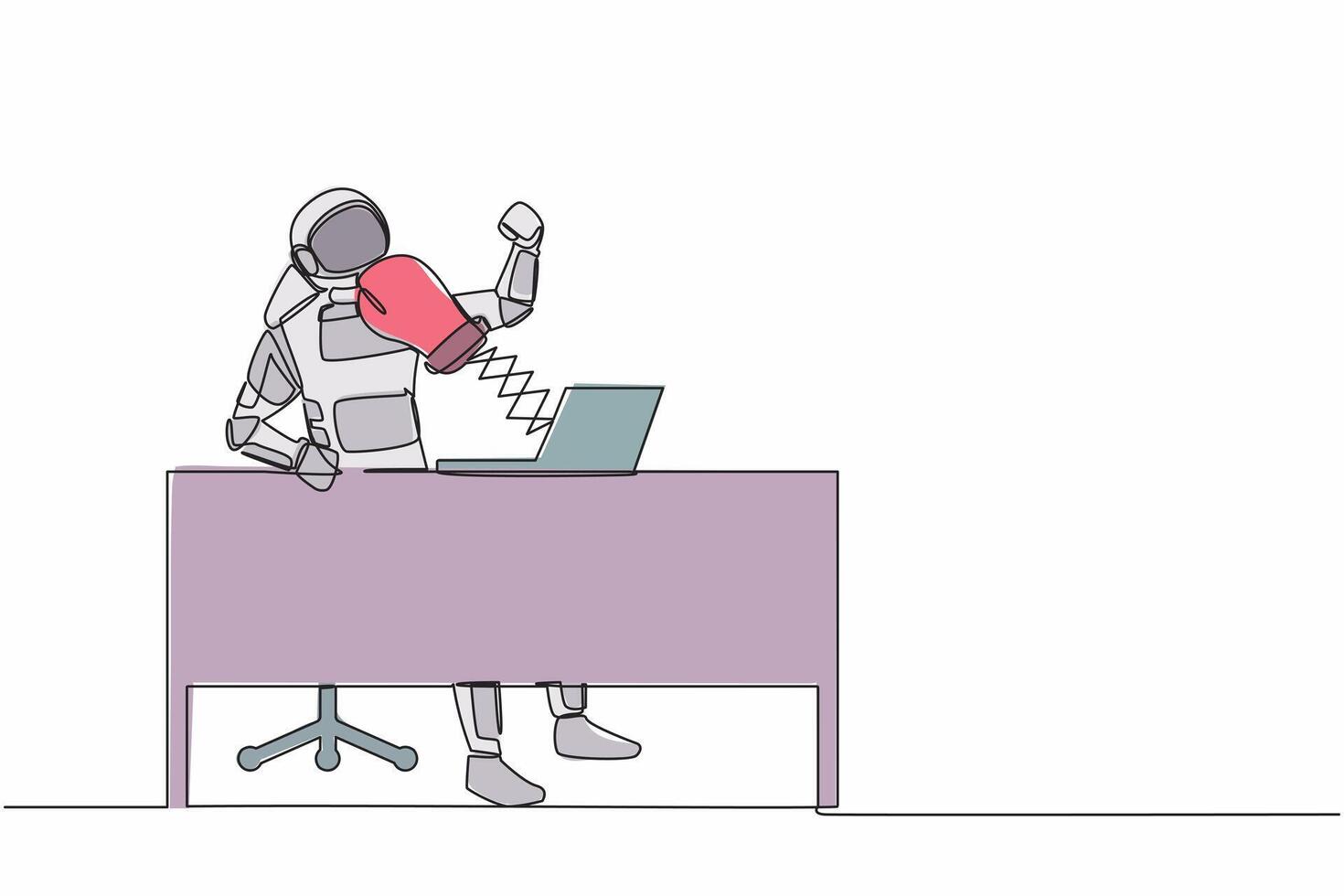 Single continuous line drawing astronaut being punched by boxing gloves from computer laptop at working desk. Cyberbullying concept. Cosmonaut deep space. One line graphic design vector illustration