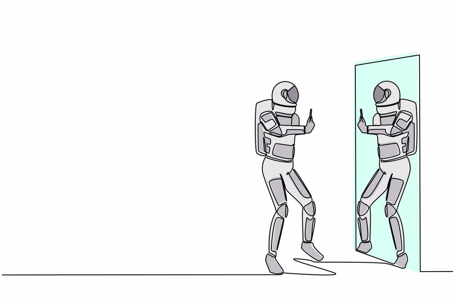 Single continuous line drawing astronaut in spacesuit taking selfie in front of mirror. Addiction on smartphone and internet satellite. Cosmonaut deep space. One line draw design vector illustration