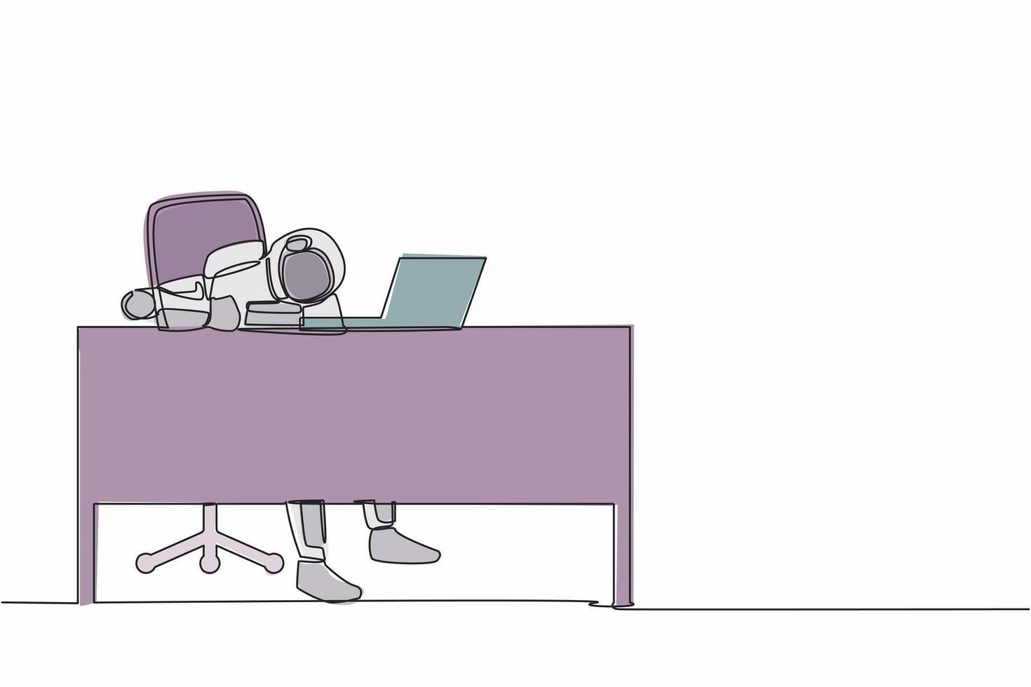 Single one line drawing anxiety young astronaut in office with put his head on working desk. Crisis in spaceship industry. Cosmic galaxy space. Continuous line draw graphic design vector illustration
