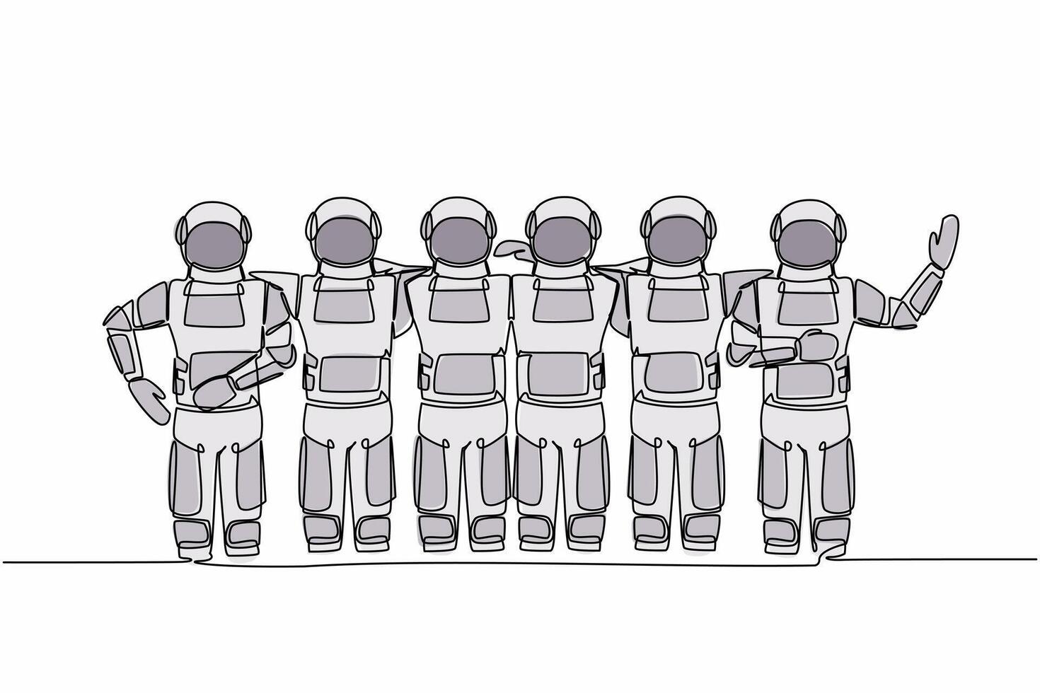 Single one line drawing group of astronaut are hugging. Happy friendship day with diverse friends of spaceman hugging together. Cosmic galaxy space. Continuous line graphic design vector illustration