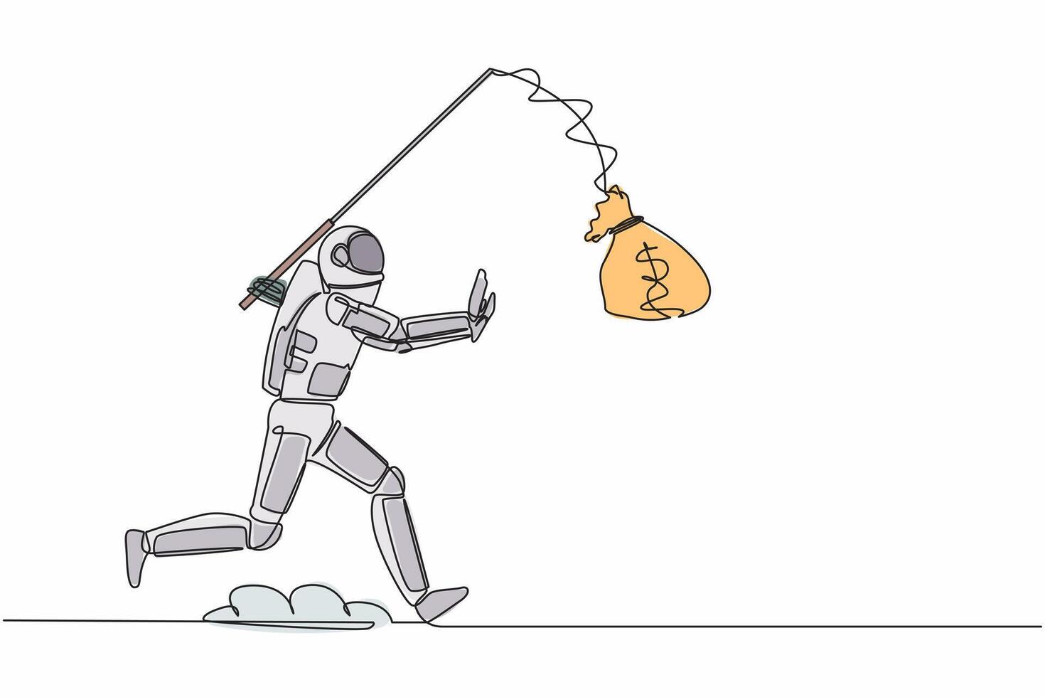 Single continuous line drawing astronaut chasing bait of money bag from himself. Foolishness and stupidity in spaceship company funding. Cosmonaut deep space. One line draw design vector illustration